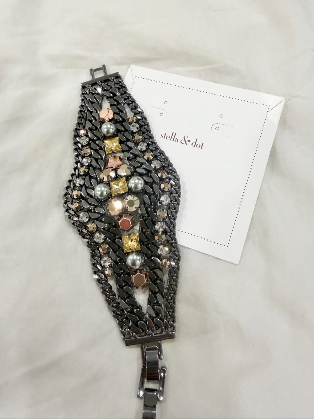 Stella & Dot Gunmetal Bracelet with Mixed Metallic and Pearl Accents